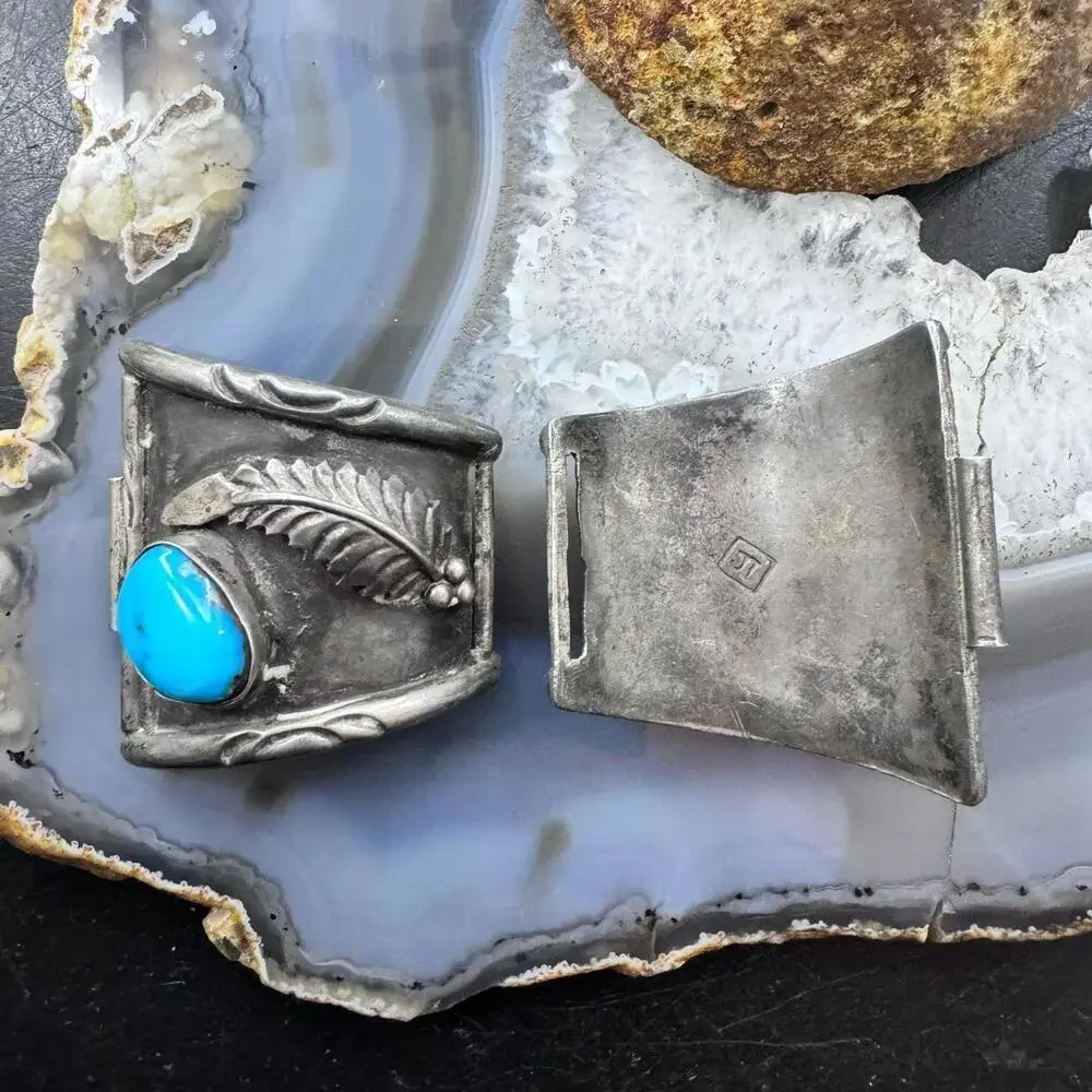 Native American Vintage Silver 2 Natural Turquoise Decorated Watch Band Tips